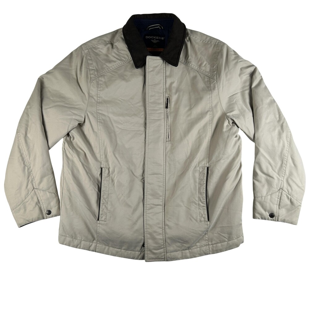 Dockers Stain Defender Jacket Mens Large Beige Quilted Fleece Lined Full Zip